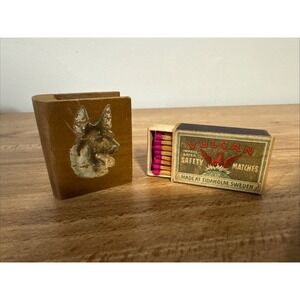 Vintage German Shepherd Dog Design w/ Vulcan Swede Wooden Match Box Cover Case